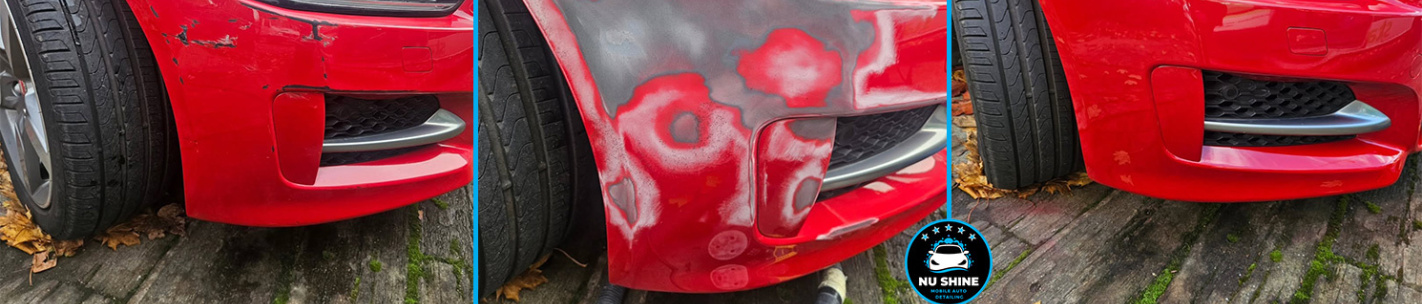 Mobile car scratch repair service with tools and materials visible